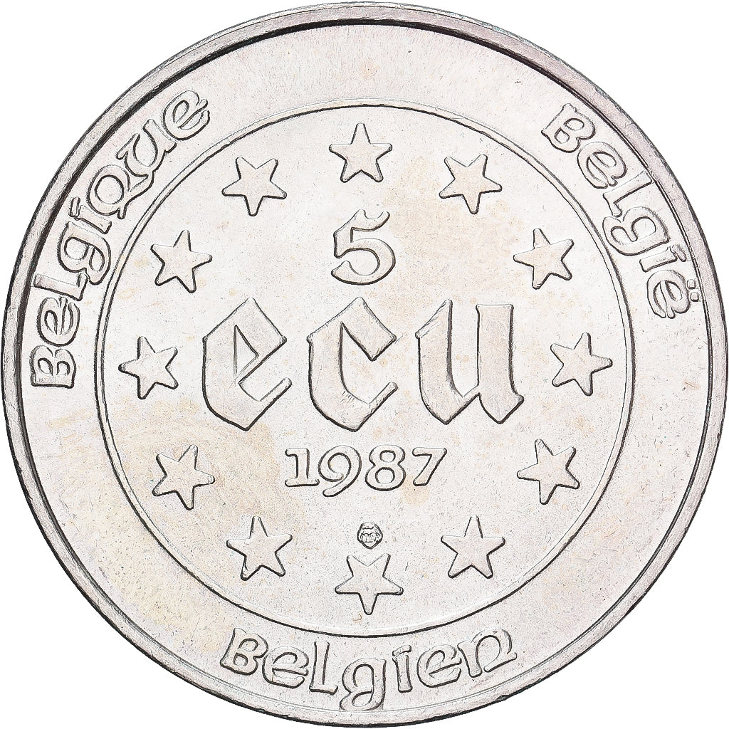 Belgium, 5 Ecu, 1987, Silver, AU(55-58), KM:166