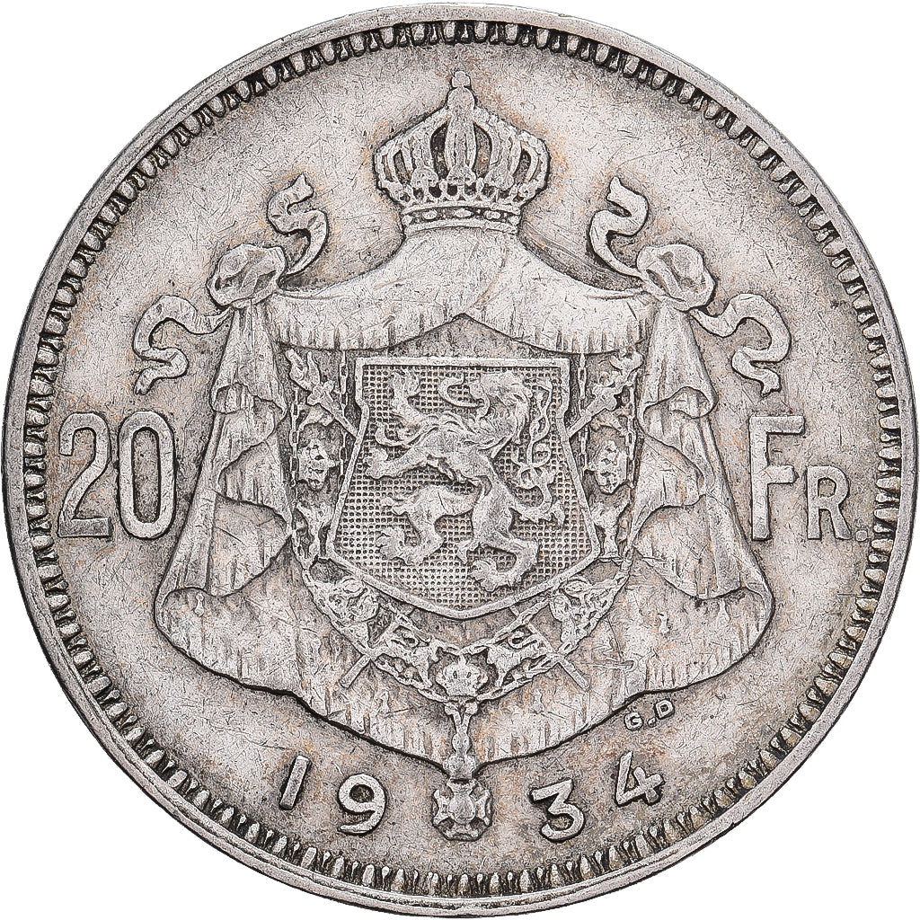 Belgium, 20 Francs, 1934, Brussels, Silver, EF(40-45)