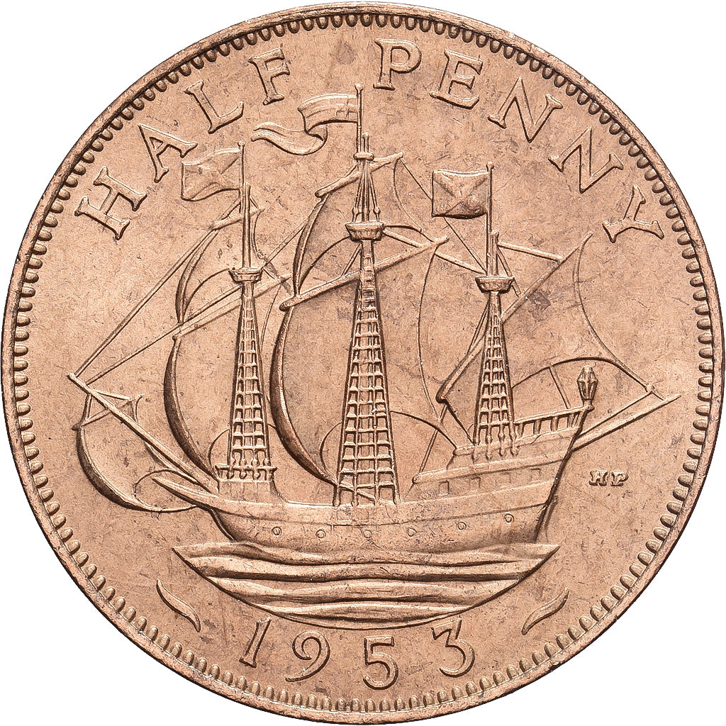 Grã-Bretanha, Elizabeth II, 1/2 Penny, 1953, Bronze, AU(50-53)