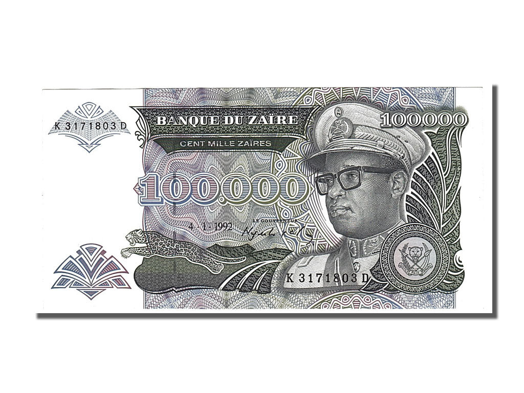 Banknote, Zaire, 100,000 Zaïres, 1992, 1992-01-04, UNC(65-70)