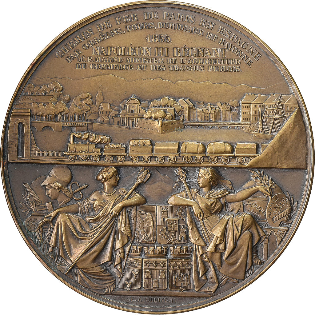 France, Medal, Napoléon III, Chemin de Fer de Paris en Espagne, 1855, Bronze