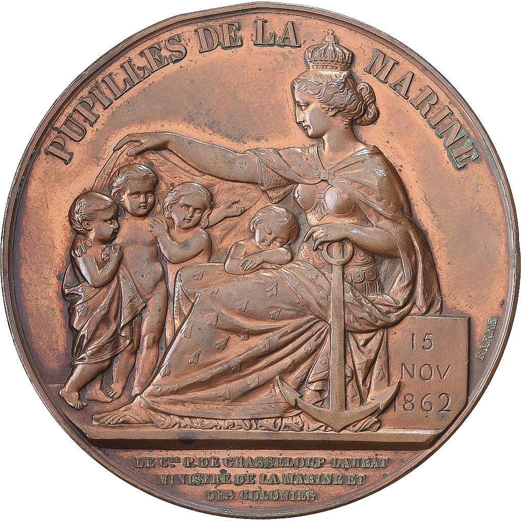 France, Medal, Napoléon III,  Pupilles de la Marine, 1862, Copper, Barre