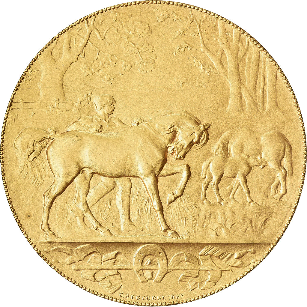 France, Medal, Chevaux, Offert par M. Quesnel, Député, 1932, Gilt Bronze