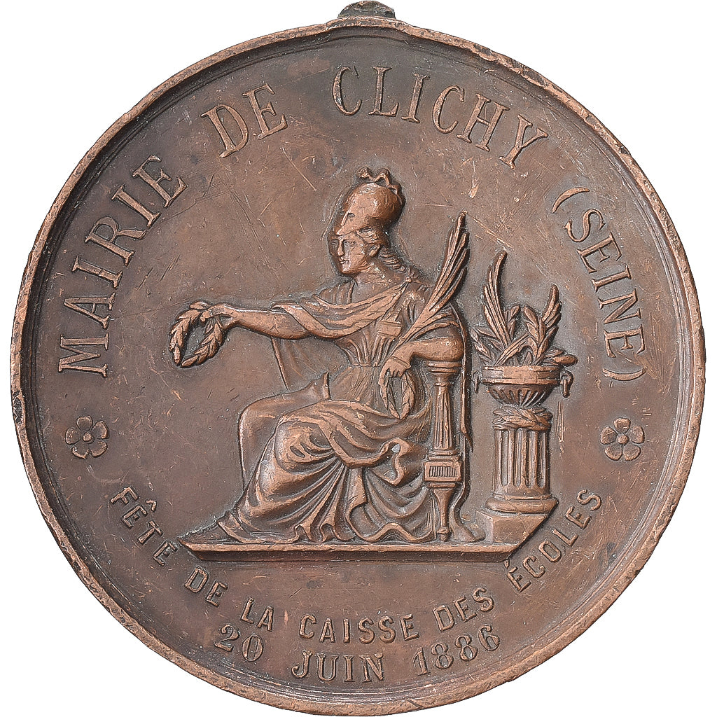 France, Medal, Fête de la Caisse des Ecoles, Clichy (Seine), 1886, Copper