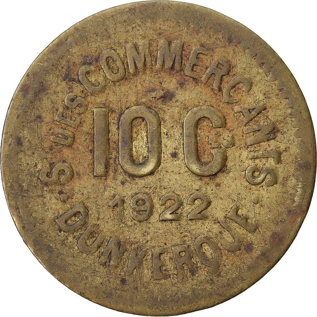 France, Société des Commerçants de Dunkerque, 10 Centimes, 1922, TB+, Laiton