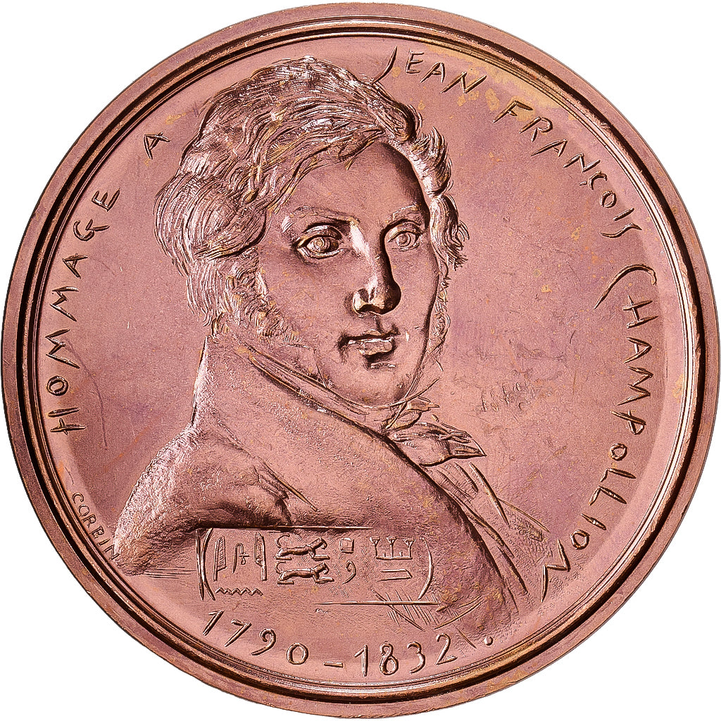 Francja, medal, Hommage à Jean François Champollion, 1974, Miedź, Corbin