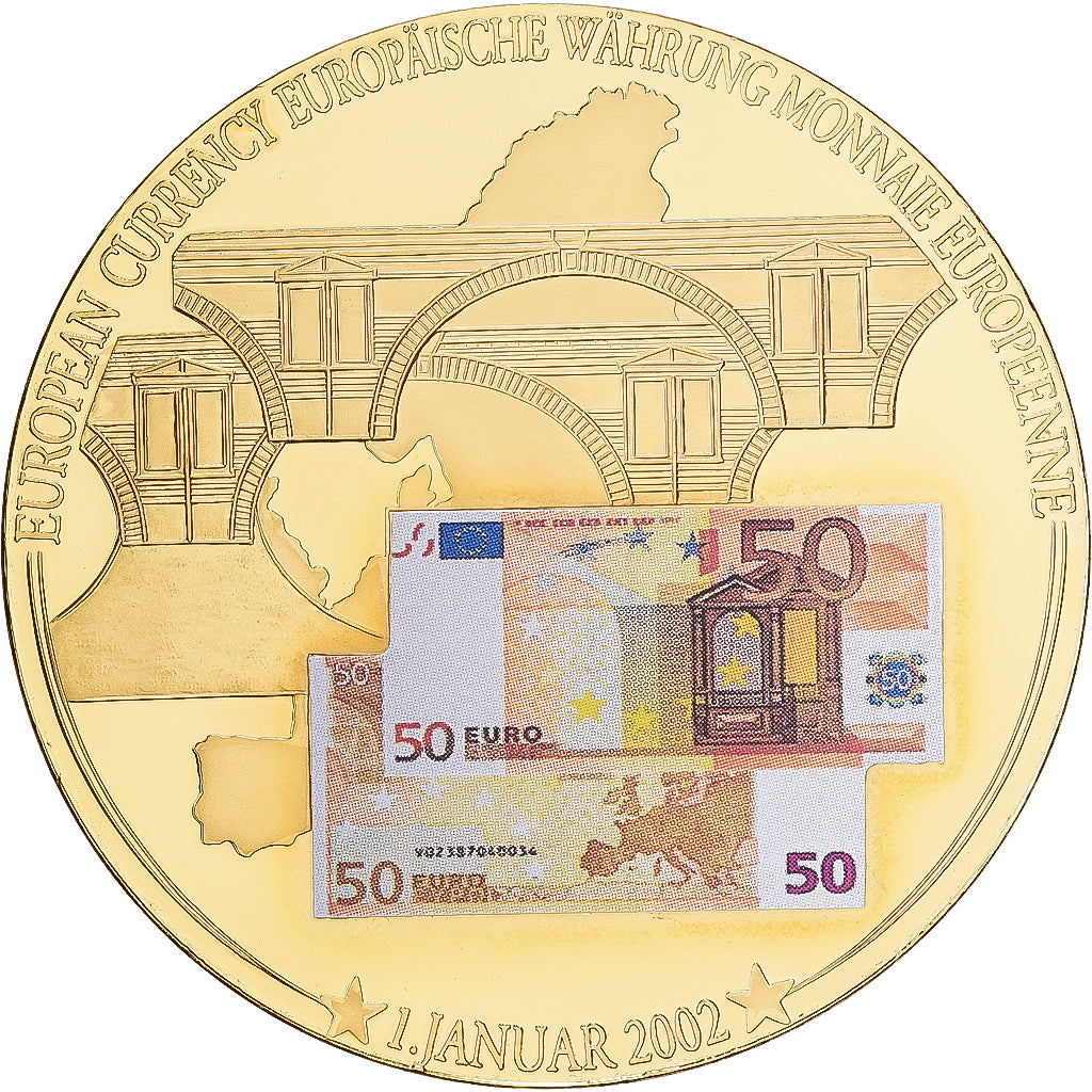 Francia, medaglia, La Monnaie Européenne, Billet de 50 Euro, Rame dorato, SPL+