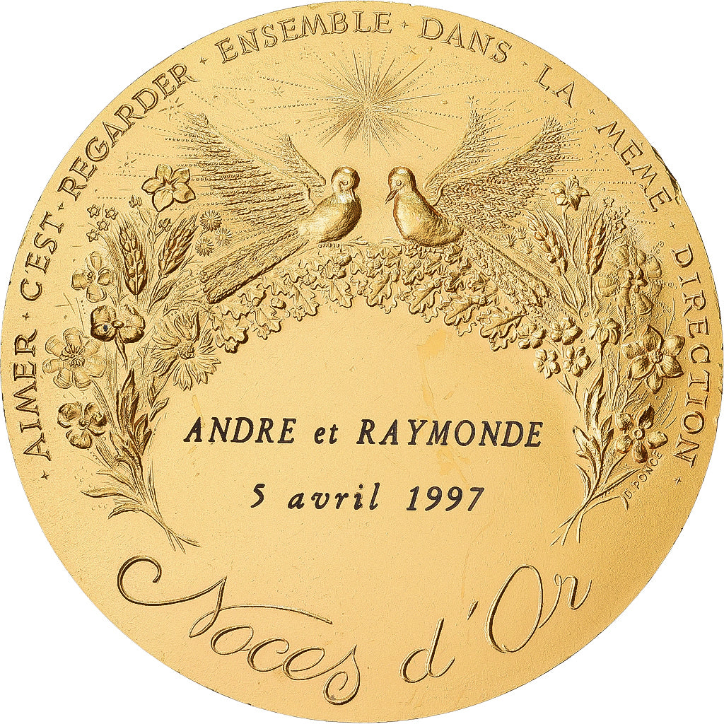 France, Médaille, Mariage, Noces d'or, 1997, Gilt Bronze, SPL, Ponce