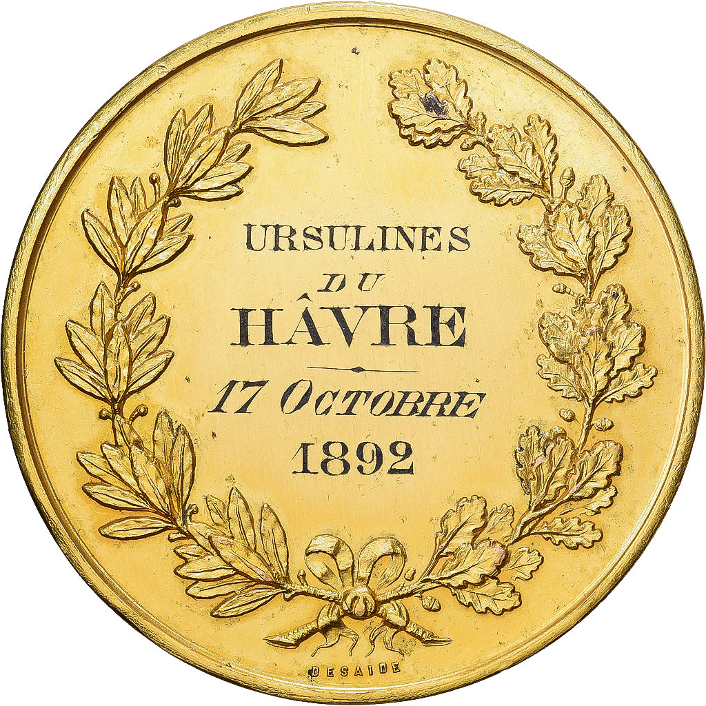 França, medalha, Ursulines du Havre, 1892, Cobre Dourado, Bescher, AU(55-58)
