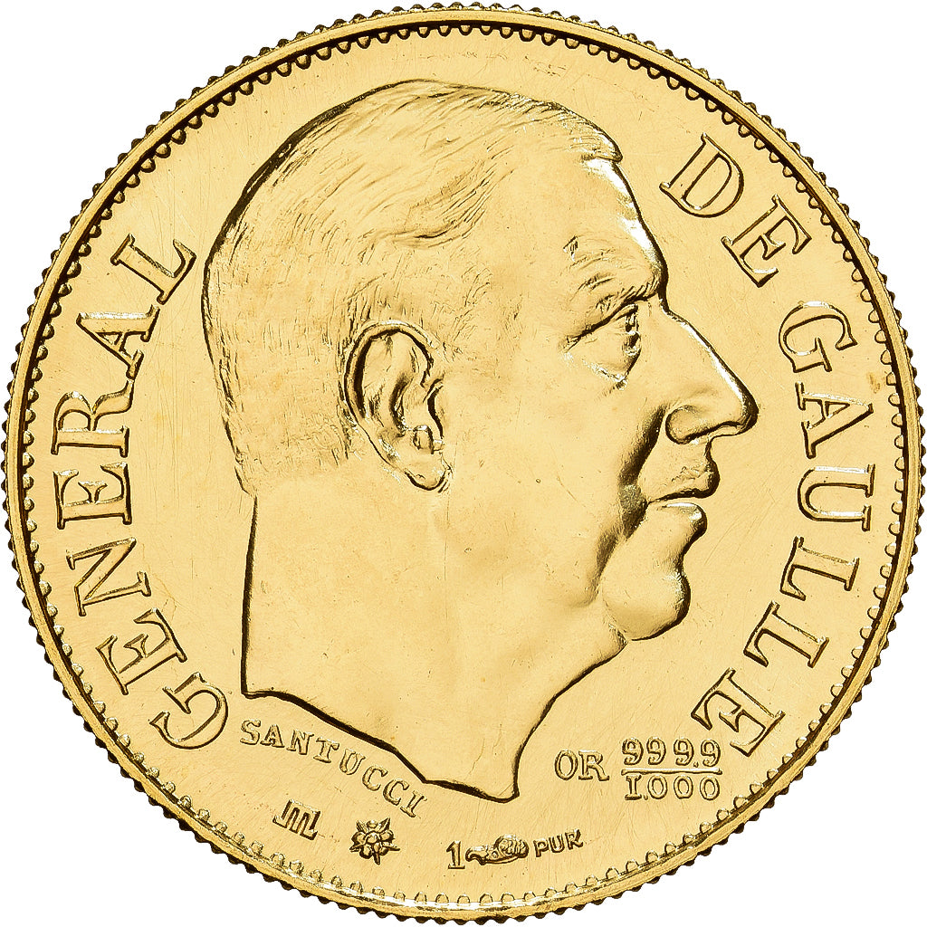 Francia, medalla, Général De Gaulle, 1980, Oro, Santucci, FDC