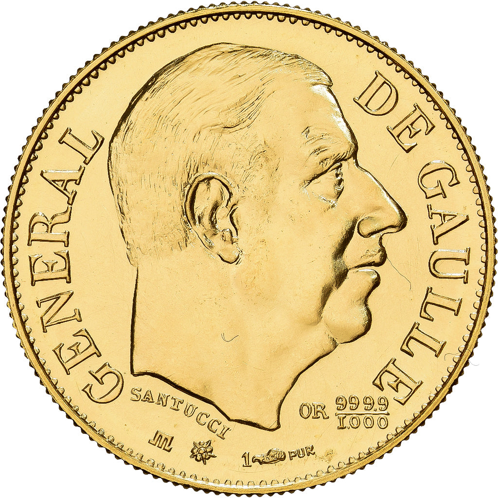Francia, medalla, Général De Gaulle, 1980, Oro, Santucci, FDC