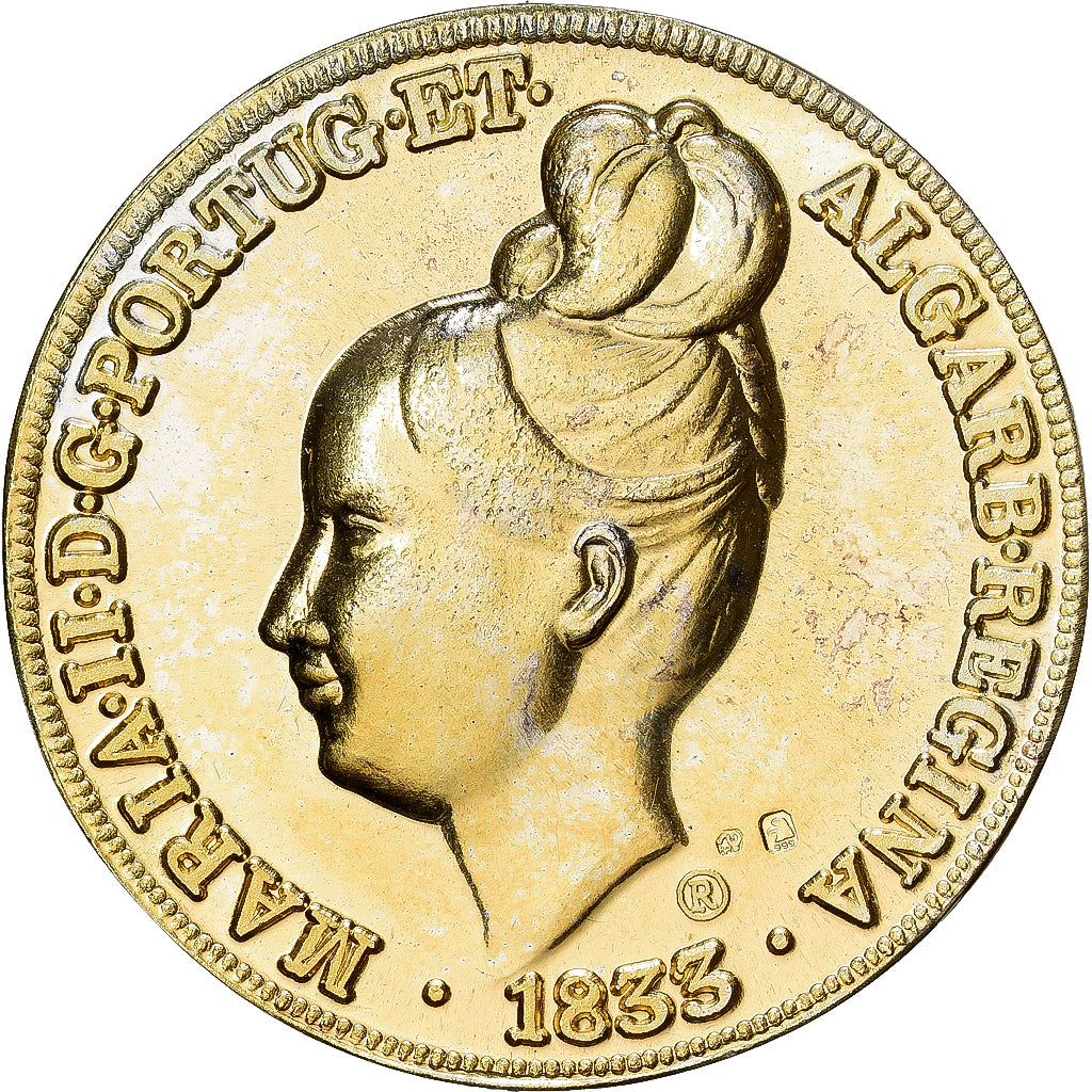 Portugal, medalla, Reproduction Peça, 7500 Reis, Maria II, Oro vermeil, SC