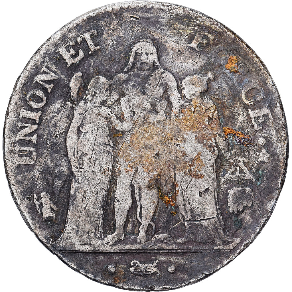 Francia, 5 Francs, Union et Force, AN 8, Bayonne, Argento, B, Gadoury:563a