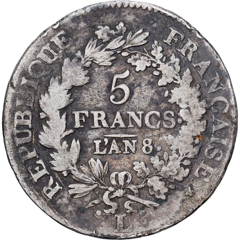 Francia, 5 Francs, Union et Force, AN 8, Bayonne, Argento, B, Gadoury:563a