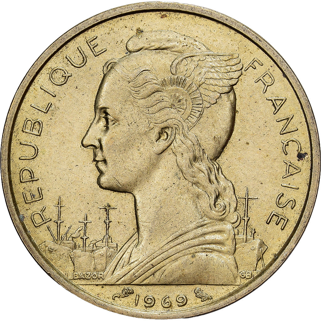 La Réunion, 20 Francs, 1969, Aluminum-Nickel-Bronze, EF(40-45), KM:11a