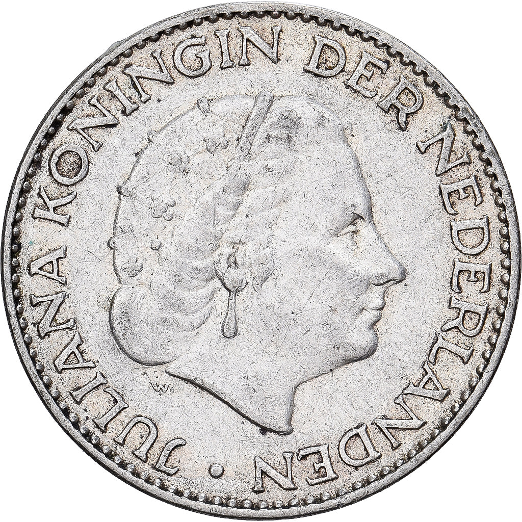 Netherlands, Juliana, 1 Gulden, 1957, Silver, AU(55-58), KM:184