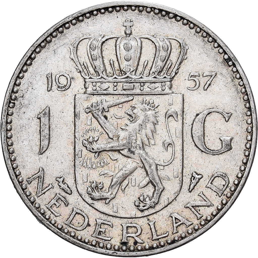 Netherlands, Juliana, 1 Gulden, 1957, Silver, AU(55-58), KM:184