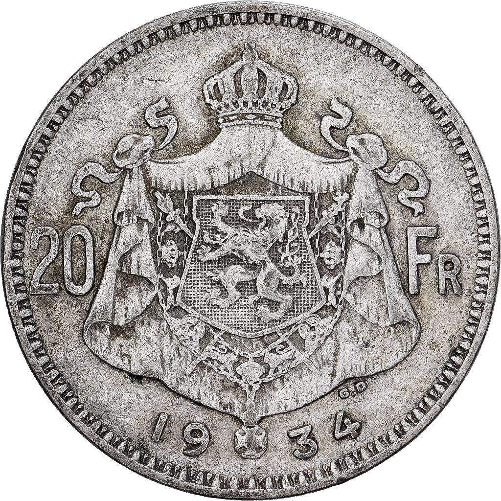 Belgio, 20 Francs, 20 Frank, 1934, Brussels, Argento, BB+, KM:104.1