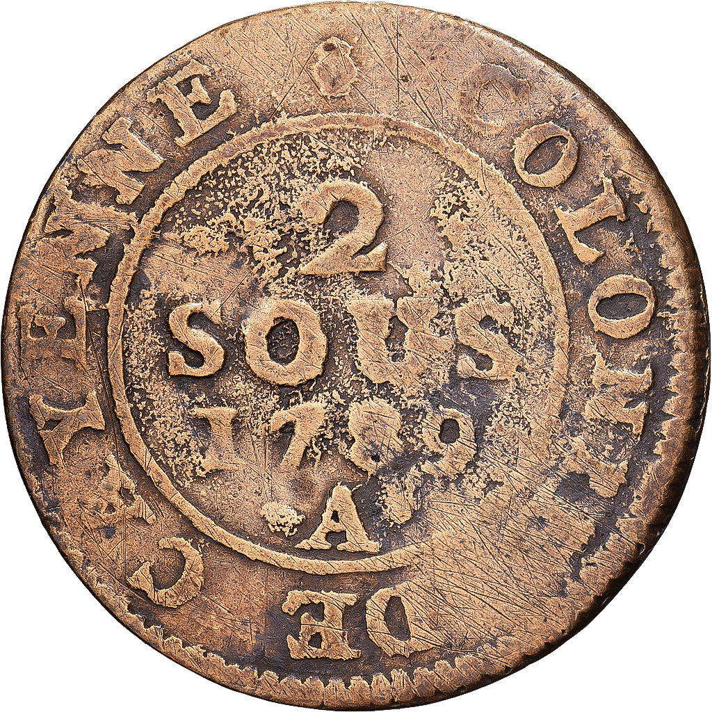 GUJANA FRANCUSKA, Louis XVI, 2 Sous, 1789, Paris, Bilon, VF(20-25), KM:1