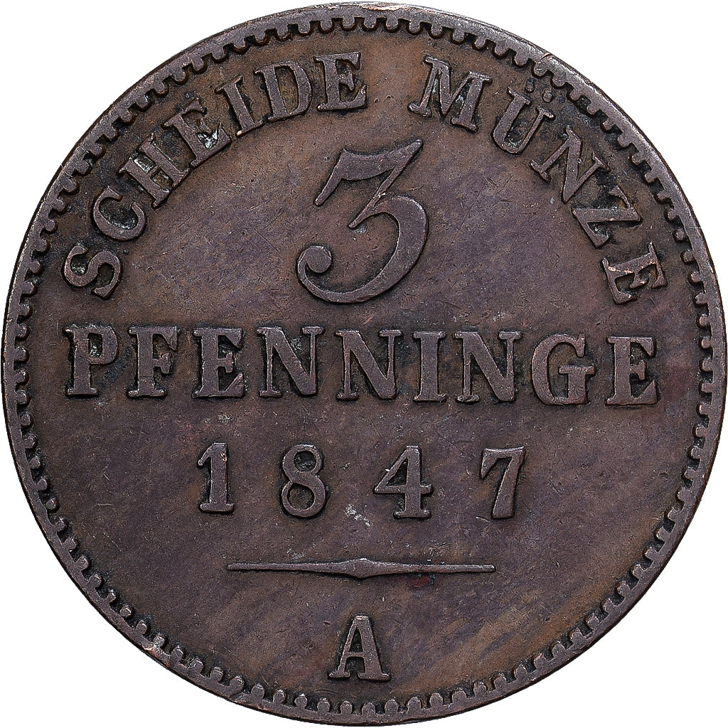 États allemands, 3 Pfenninge, 1847, Berlin, Prussia, Cuivre, TTB