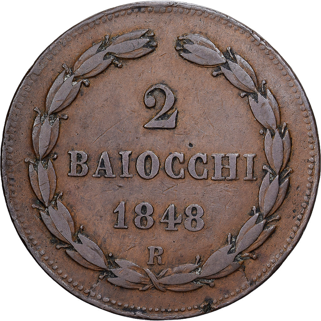 Papal States, Pius IX, 2 Baiocchi, 1848, Rome, Rame, BB+, KM:1344