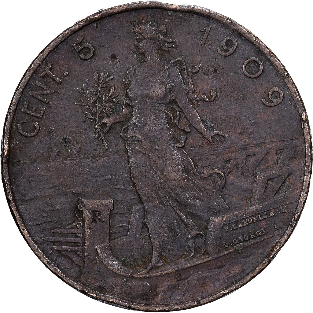 Włochy, Vittorio Emanuele III, 5 Centesimi, 1909, Rome, Brązowy, EF(40-45)