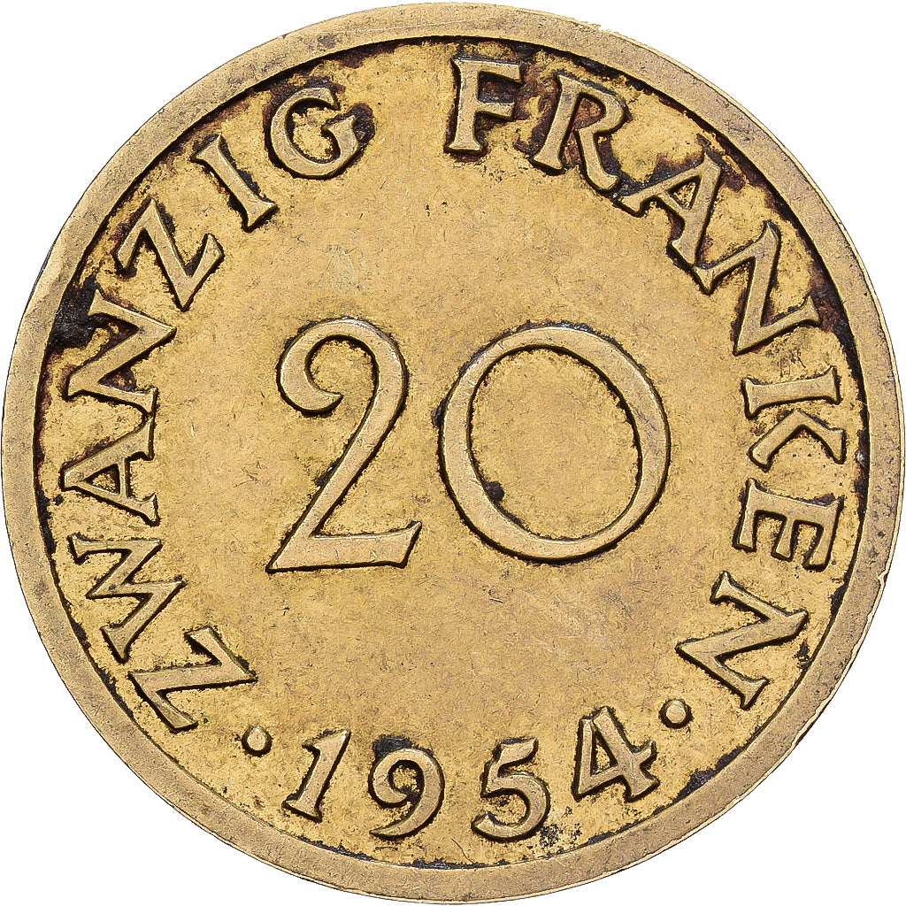 SARRE, 20 Franken, 1954, Paris, Aluminio - bronce, BC+, KM:2