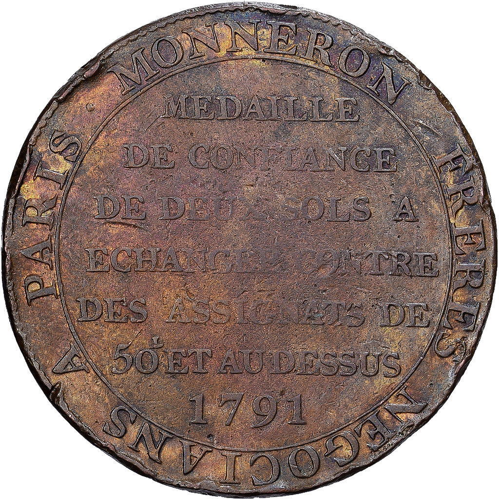 Frankreich, Monneron de 2 Sols, 1791, Birmingham, Kupfer, S+
