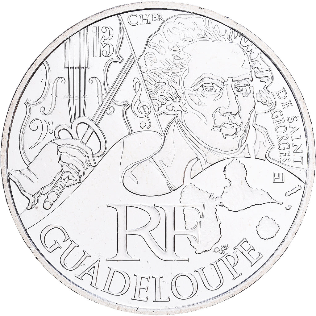France, 10 Euro, Guadeloupe, 2012, MDP, Silver, MS(63)