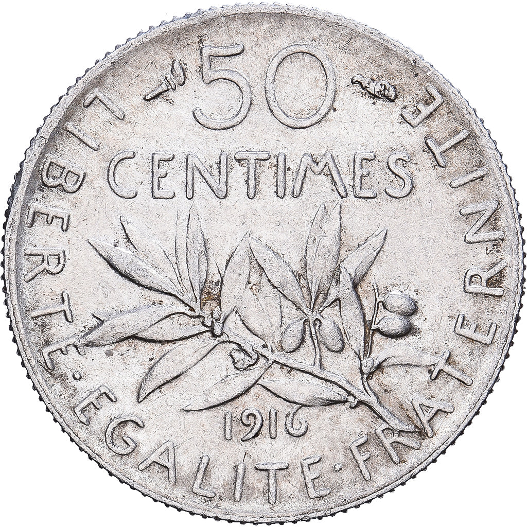 France, Semeuse, 50 Centimes, 1916, Paris, AU(55-58), Silver, KM:854