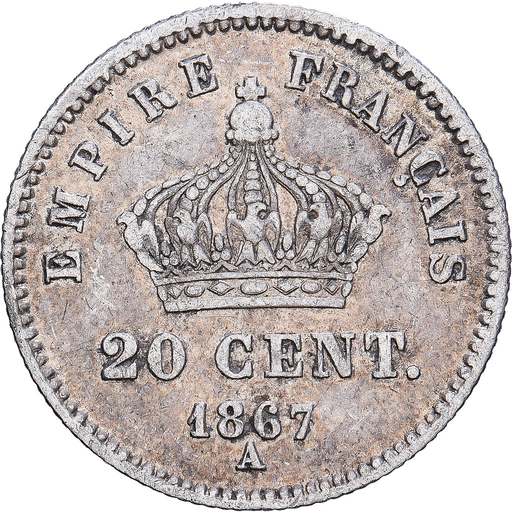 France,Napoleon III,20 Centimes,1867,Paris,VF(30-35),Silver,KM 808.1,Gadoury 309