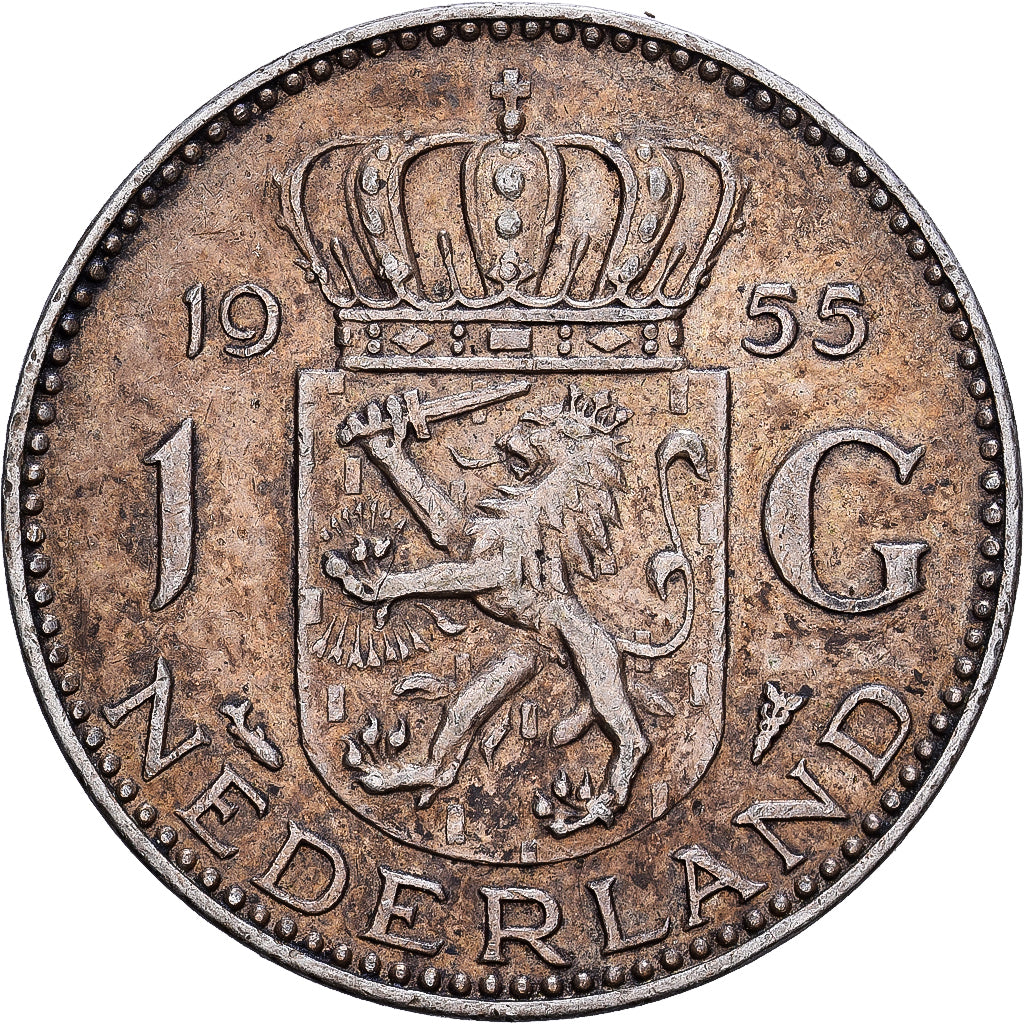 Netherlands, Juliana, 1 Gulden, 1955, Silver, EF(40-45), KM:184
