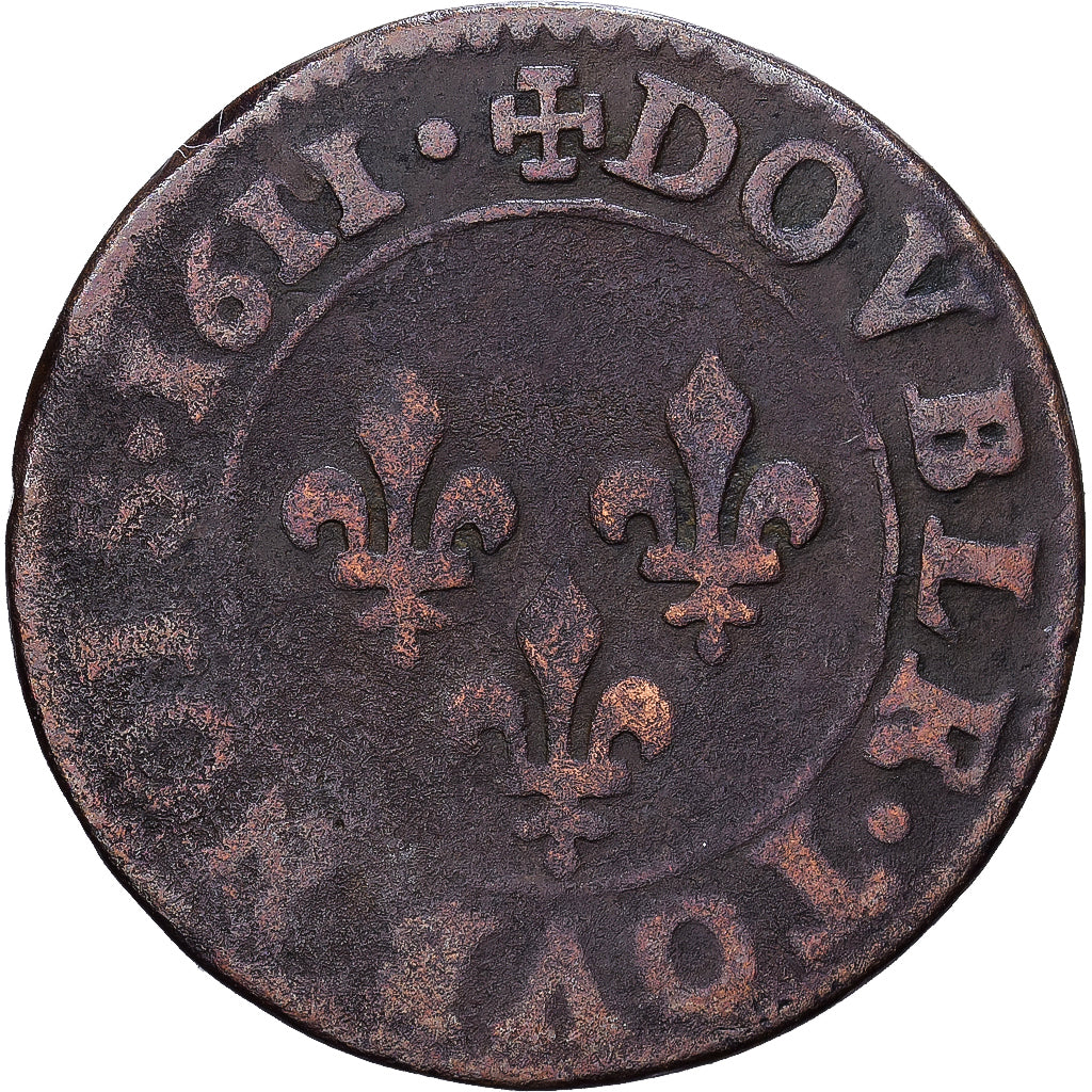 Francia, Louis XIII, Double Tournois, 1611, Paris, Cobre, BC, Gadoury:5