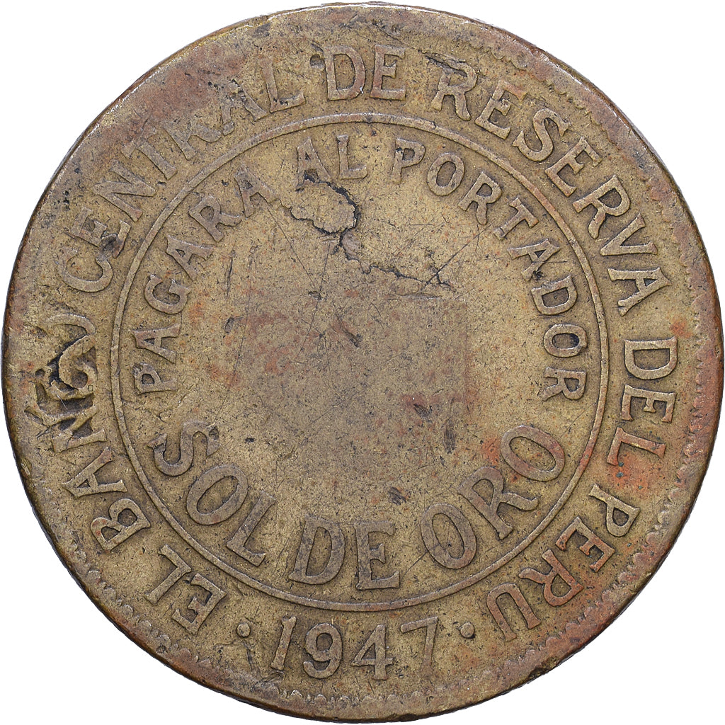 Peru, Sol, 1947, Philadelphia, Brass, VF(20-25), KM:222