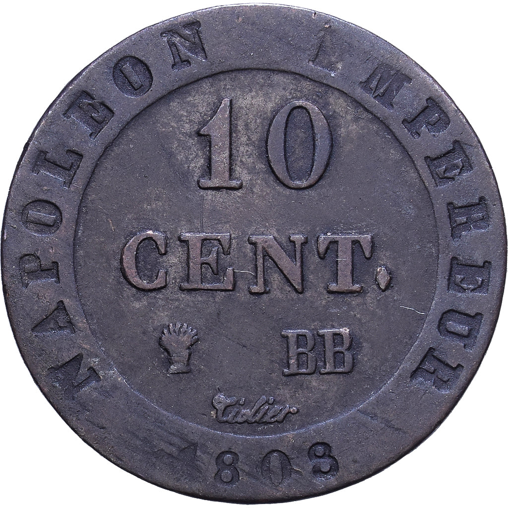 France, 10 Centimes, Napoléon I, 1808, Strasbourg, Billon, VF(30-35)