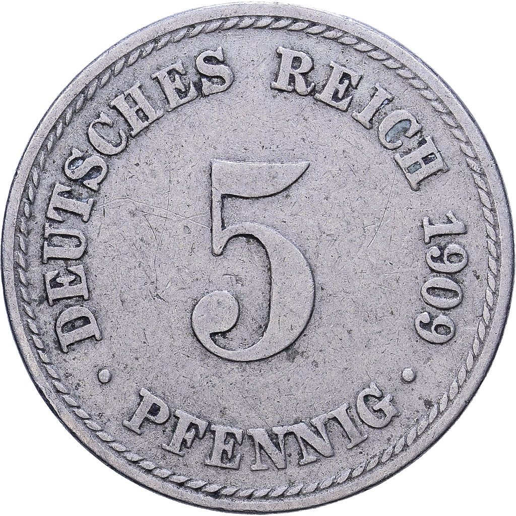 German Empire, Wilhelm II, 5 Pfennig, 1909, Berlin, Copper-nickel, AU(50-53)