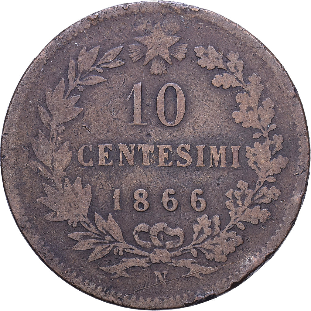 Itália, Vittorio Emanuele II, 10 Centesimi, 1866, Naples, Cobre, VF(20-25)
