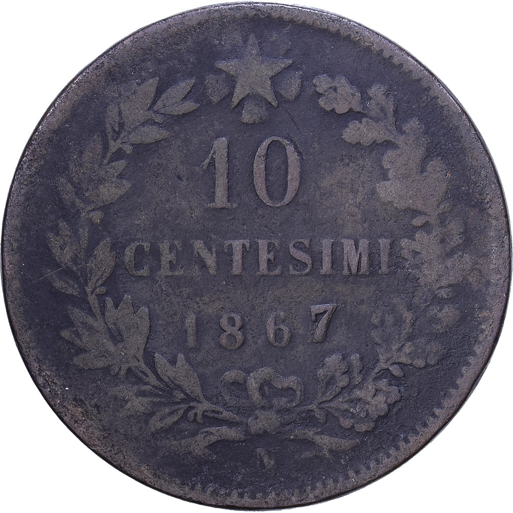 Italia, Vittorio Emanuele II, 10 Centesimi, 1867, Naples, Rame, MB, KM:11