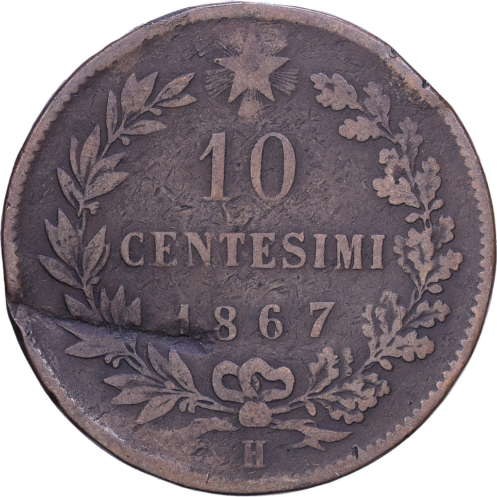 Itália, Vittorio Emanuele II, 10 Centesimi, 1867, Heaton, Cobre, VF(20-25)