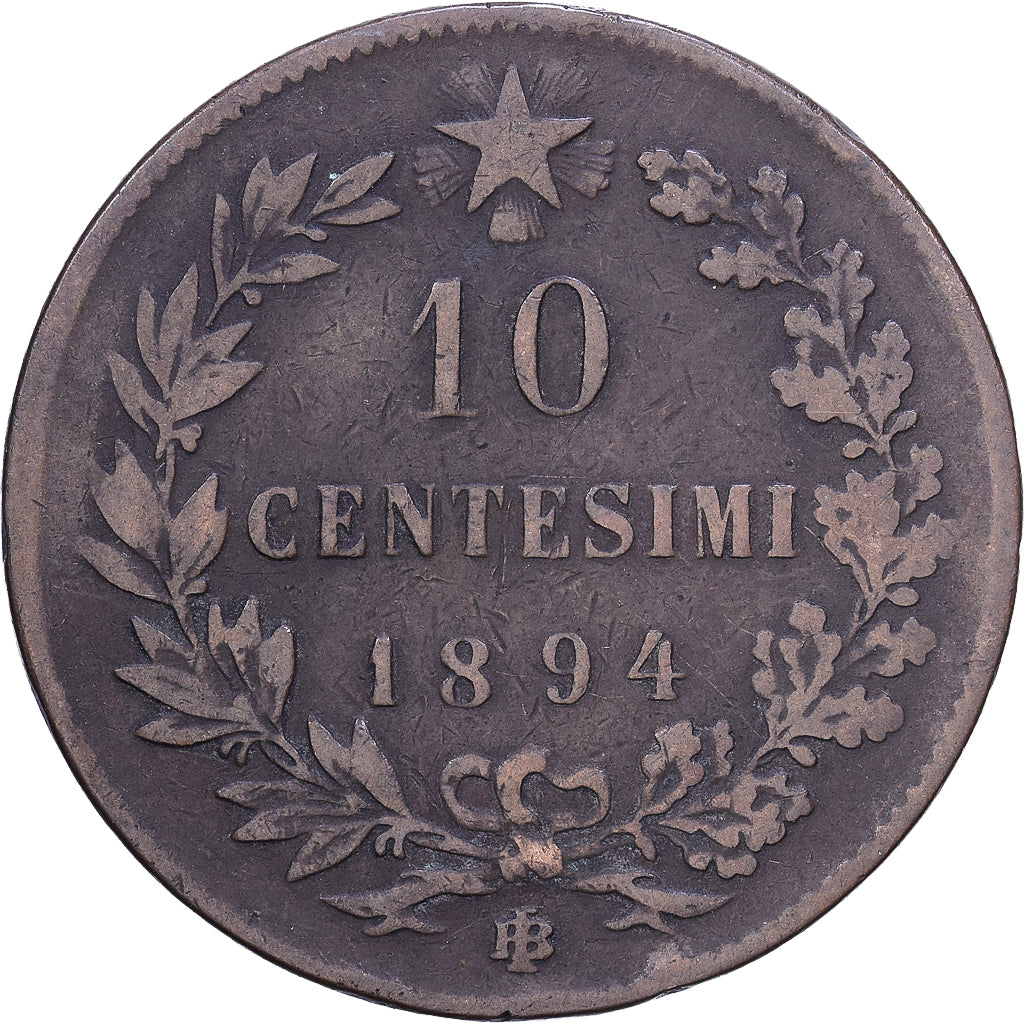 Italia, Umberto I, 10 Centesimi, 1894, Heaton, Cobre, BC+, KM:27.2