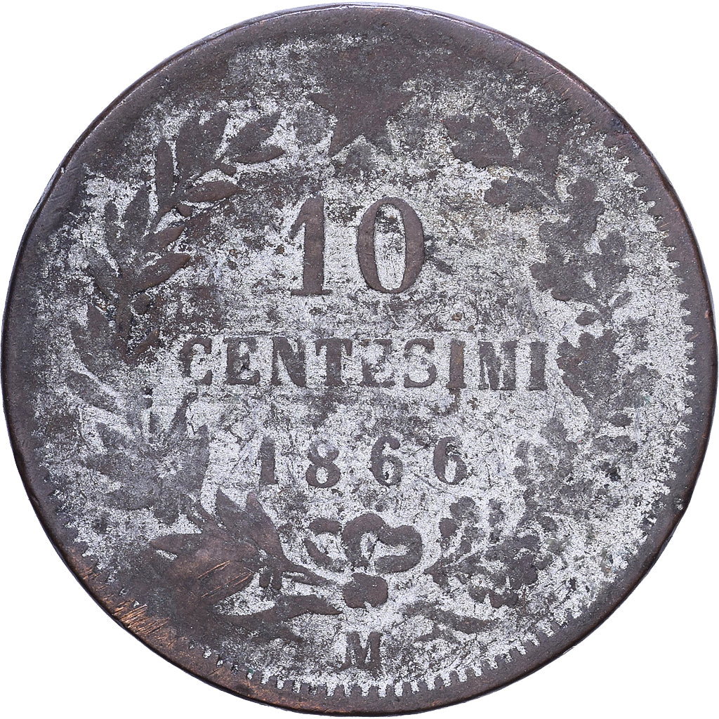 Italia, Vittorio Emanuele II, 10 Centesimi, 1866, Milan, Cobre, BC, KM:11