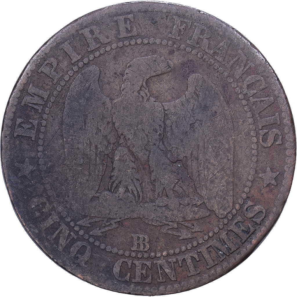 França, Napoleon III, 5 Centimes, 1853, Strasbourg, Bronze, VF(30-35)