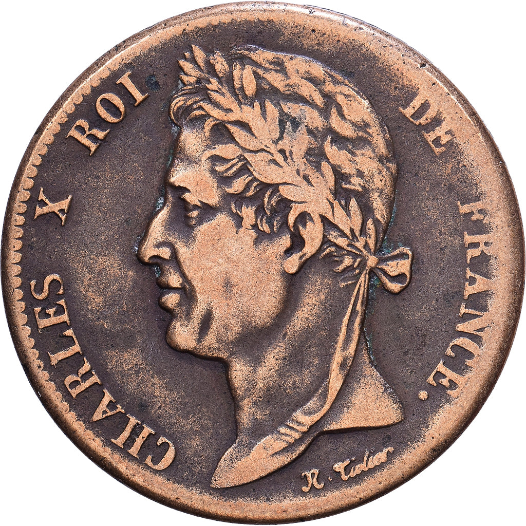 COLÓNIAS FRANCESAS, Charles X, 5 Centimes, 1828, Paris, Bronze, VF(20-25)