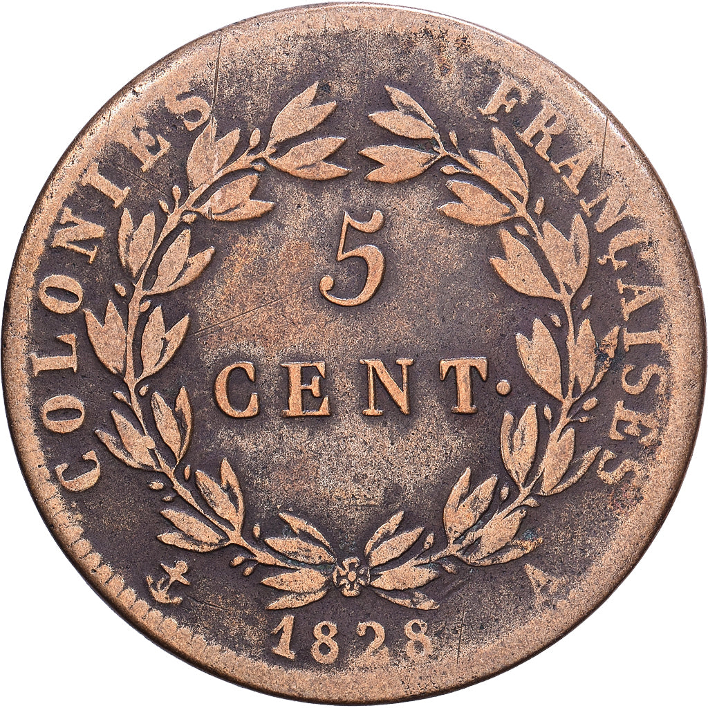 COLÓNIAS FRANCESAS, Charles X, 5 Centimes, 1828, Paris, Bronze, VF(20-25)
