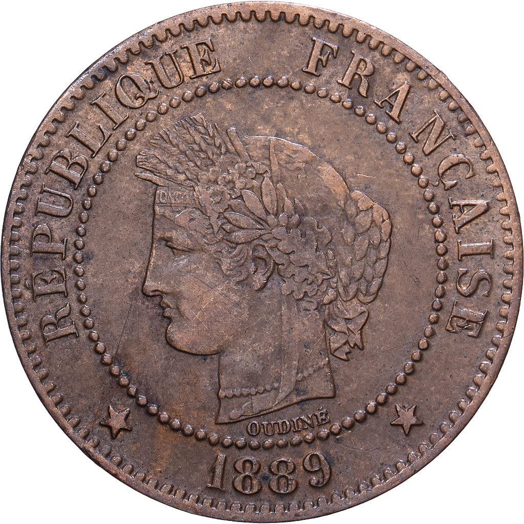Francia, 2 Centimes, Cérès, 1889, Paris, Bronce, BC+, Gadoury:105