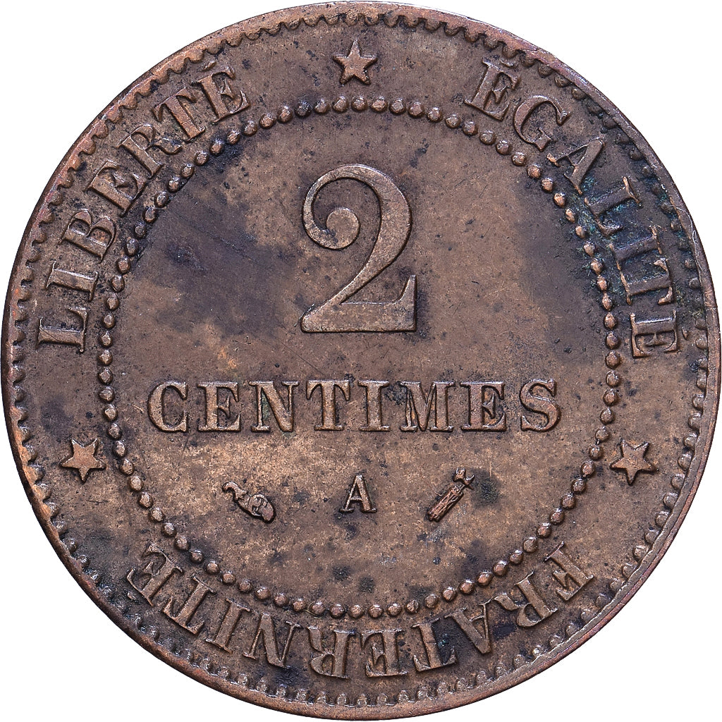 Francia, 2 Centimes, Cérès, 1889, Paris, Bronce, BC+, Gadoury:105