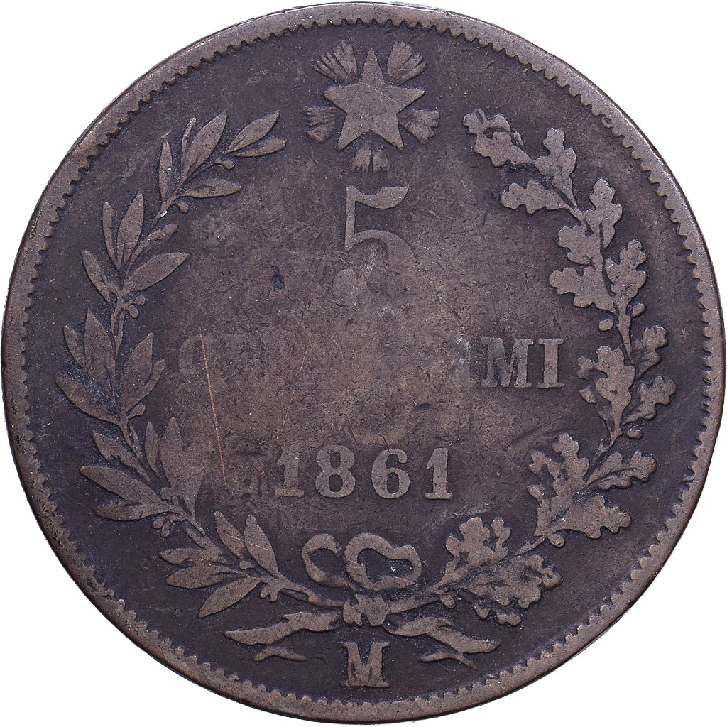 Itália, Vittorio Emanuele II, 5 Centesimi, 1861, Milan, Cobre, VF(20-25)
