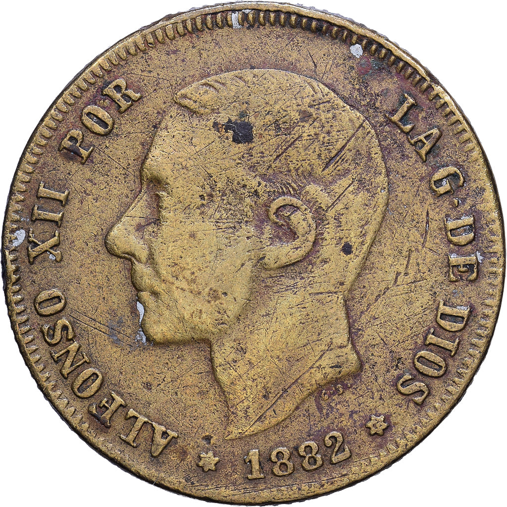 Hiszpania, Alfonso XII, 2 Pesetas, 1882, Madrid, FAUX, Miedź, VF(20-25)
