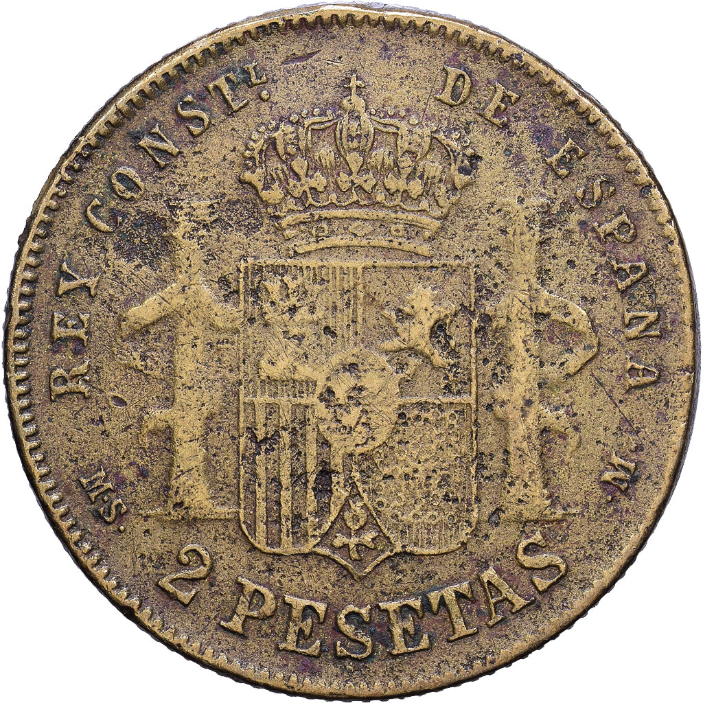 Hiszpania, Alfonso XII, 2 Pesetas, 1882, Madrid, FAUX, Miedź, VF(20-25)