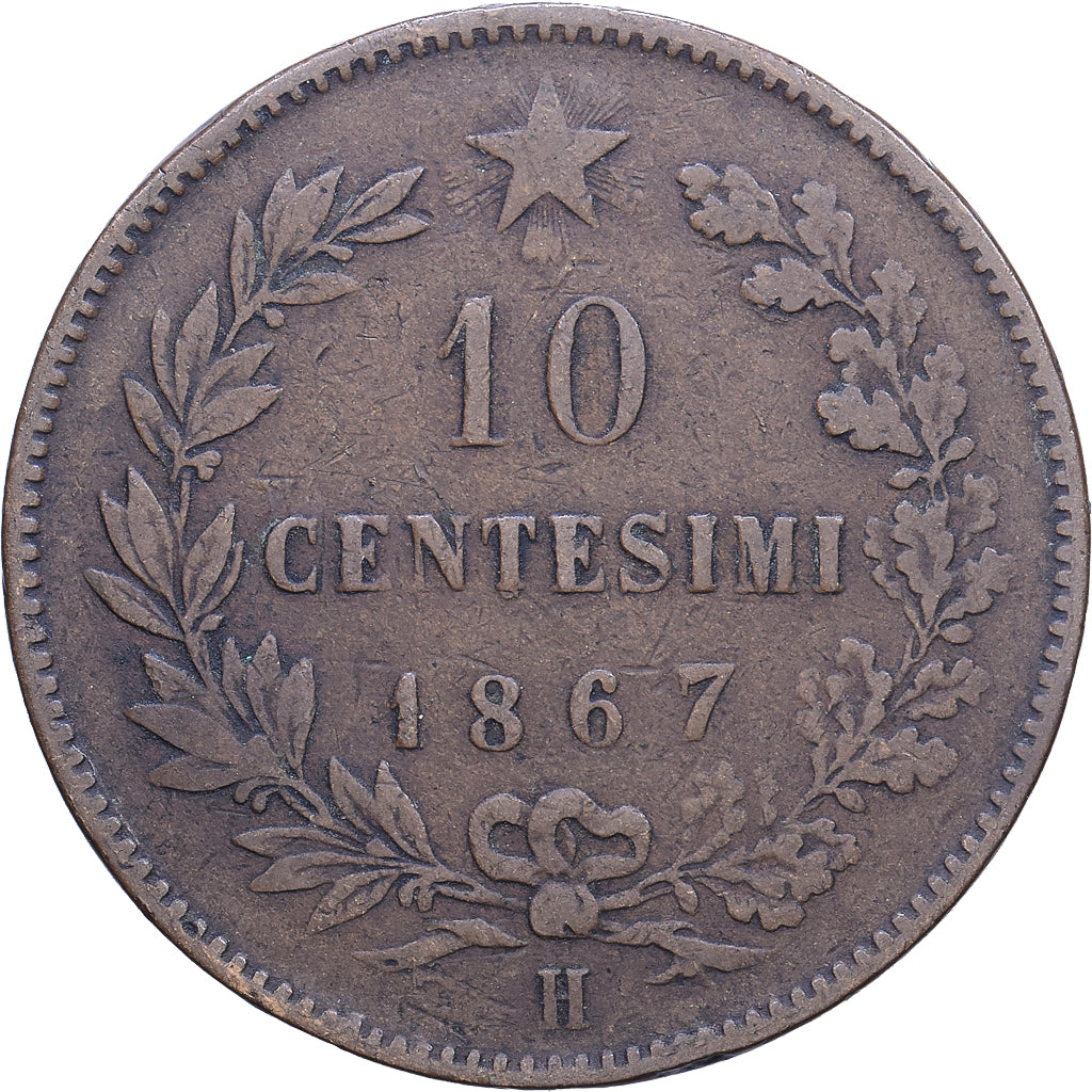 Itália, Vittorio Emanuele II, 10 Centesimi, 1867, Birmingham, Cobre, EF(40-45)